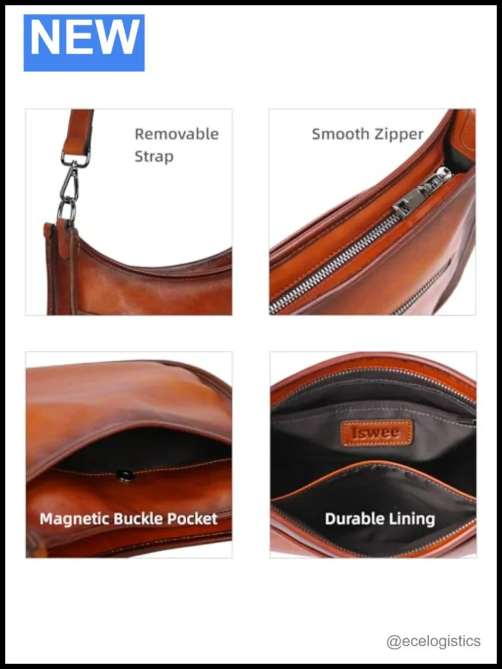 Genuine Leather Crossbody Bag with 2 Straps, Multiple Pockets, Women's Purse
